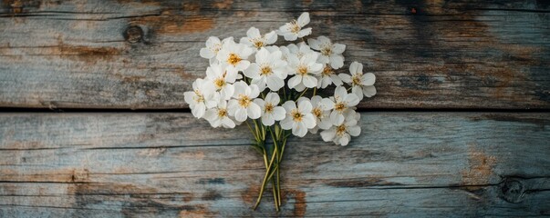 Bouquet of white flowers on rustic wooden background