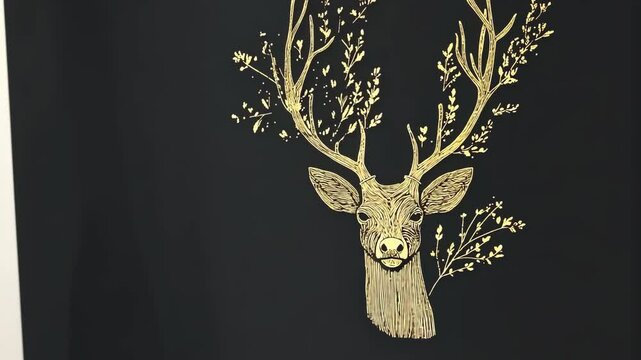 Illustration of a deer with intricate antlers adorned with leaves on a dark background