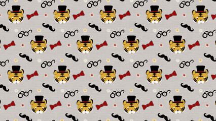 kawaii tiger in top hat seamless pattern, vector graphic resources, 16:9 widescreen wallpaper / backdrop