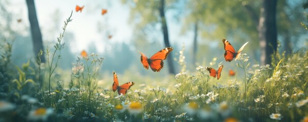 Fototapeta premium Vibrant butterflies in sunlit meadow on a warm spring day with blooming wildflowers