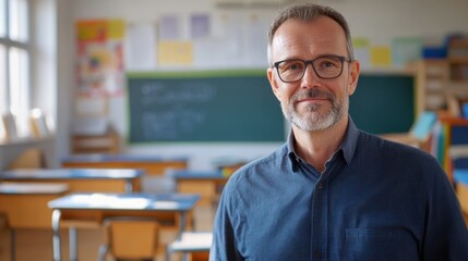 Fototapeta premium A middle-aged European male teacher stands confidently in a classroom, showcasing a warm smile. He embodies professionalism and dedication to education.