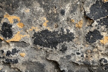 Weathered gray stone wall with peeling paint, showing texture and decay
