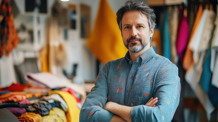 A stylish portrait of a European male fashion designer in his colorful workshop, showcasing his creativity and expertise in the fashion industry through vibrant textiles and attire.