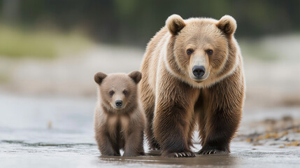Obraz premium A proud mother grizzly bear and her playful cub wander along a tranquil riverbank early in the morning, surrounded by lush greenery and soft morning light