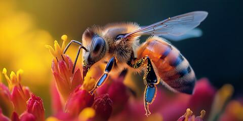 Fototapeta premium Honey bee pollinating colorful flower in close up macro photography
