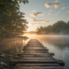 Obraz premium Dawn breaks over a tranquil lake, casting a golden glow on the mist hovering above the water. A weathered wooden dock extends into the scene, inviting quiet reflection