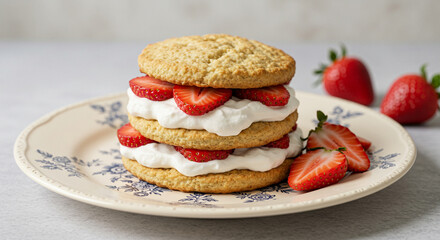 A beautifully arranged keto strawberry shortcake, with layers of almond flour biscuit, whipped cream, and fresh sliced strawberries, served on a vintage ceramic plate.
