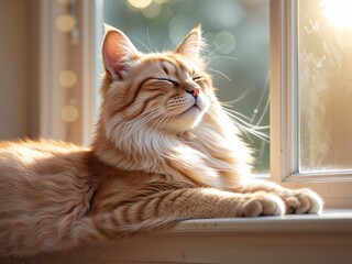 A fluffy orange cat relaxes with eyes closed, soaking up sunlight streaming through the window in a warm and inviting living space filled with soft light