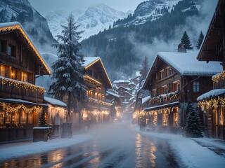 Fototapeta premium A serene village in the Alps is illuminated by festive lights on a snowy evening. Snow gently falls, blanketing the landscape in a magical winter atmosphere