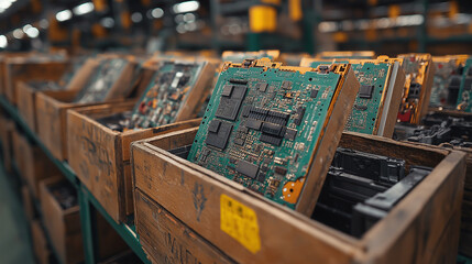 A collection of disassembled circuit boards fills wooden crates in an active electronics recycling facility, showcasing the intricate designs and composing parts amidst the industrial surroundings