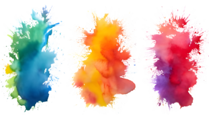 colorful set of watercolor splash stains isolated on white or transparent