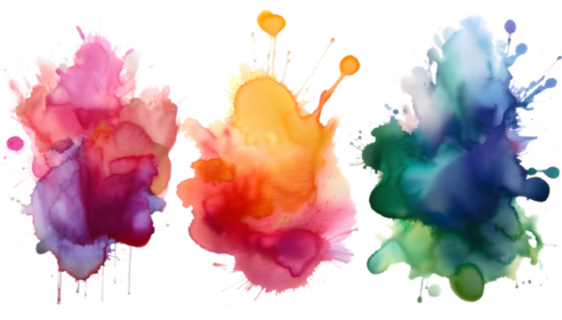 colorful set of watercolor splash stains isolated on white or transparent
