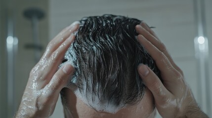 Naklejka premium Hair loss in a clean bathroom, a person using a hair growth shampoo. Featuring care and treatment