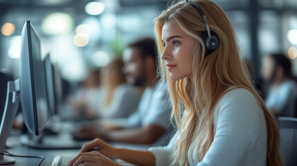 A dedicated woman engages deeply with her computer, headphones on, in a modern office filled with colleagues. The atmosphere is vibrant and collaborative as they work