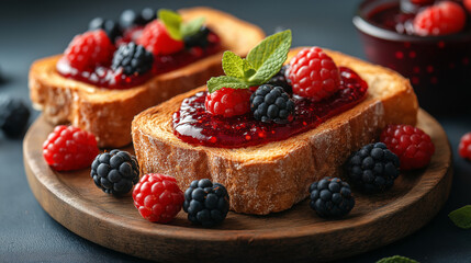 Warm bread slices generously spread with berry jam, adorned with vibrant raspberries and blackberries, invite a joyful start to the day in a charming kitchen