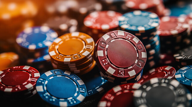 An array of vibrant poker chips in various colors rests atop a black felt table, evoking a sense of anticipation and thrill for an evening of card games. Players are eager for their turn