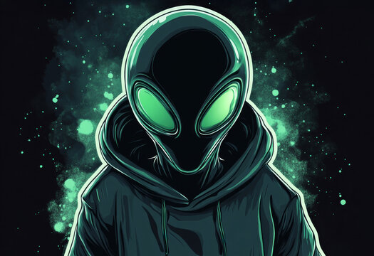 Illustration of an alien from another planet, a classic gray species with large black eyes. A mysterious and extraterrestrial composition in shades of green