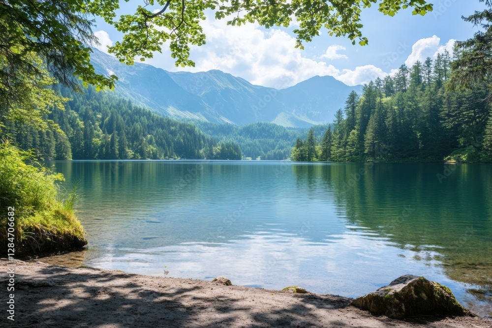 Poster calm lake surrounded by mountains under a clear sky on a sunny day. generative ai