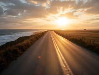 Fototapeta premium A Serene Paved Road by the Sea, Bathed in the Soft Golden Glow of the Morning Sun