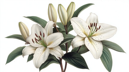 Fototapeta premium Two stunning white lilies showcase their delicate petals and vibrant stamens, emerging from rich green leaves under soft lighting. A captivating moment of nature's beauty