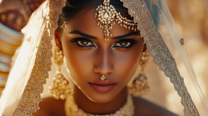 Indian bride looking at the camera, adorned with traditional bridal makeup and jewelry.