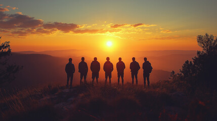 Silhouetted against a breathtaking sunset, a group of friends stands together atop a hill, savoring the beauty of the moment as vibrant hues paint the sky