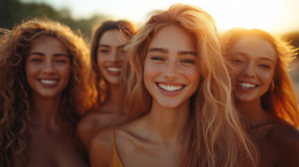 Four friends light up the evening with laughter and smiles as the sun sets behind them, creating a warm, vibrant atmosphere filled with joy and camaraderie