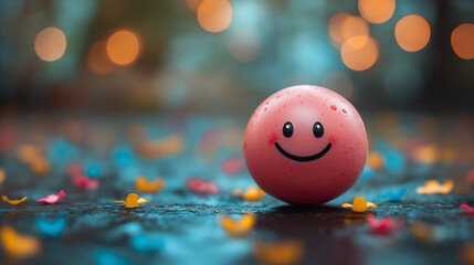 A joyful pink ball with a smiling face stands amidst an array of colorful confetti. The lively background is softly lit, evoking a sense of happiness and celebration