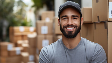 A cheerful delivery worker poses confidently amid stacks of cardboard boxes in a busy logistics yard. The atmosphere radiates productivity with warm sunlight highlighting the hustle
