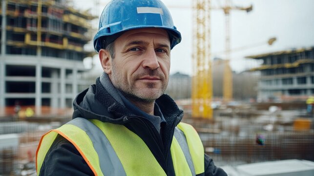 A middle-aged European man wearing a hard hat and safety vest stands confidently at a construction site. His serious demeanor reflects professionalism in the urban environment.