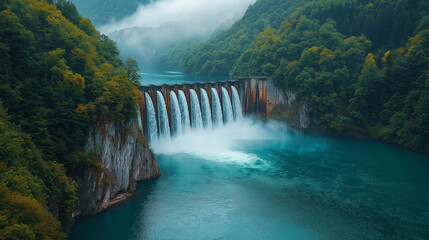 Water flows powerfully over the dam, creating a mesmerizing waterfall that plunges into a serene turquoise lake. Lush trees embrace the landscape, while mist shrouds the distant mountains