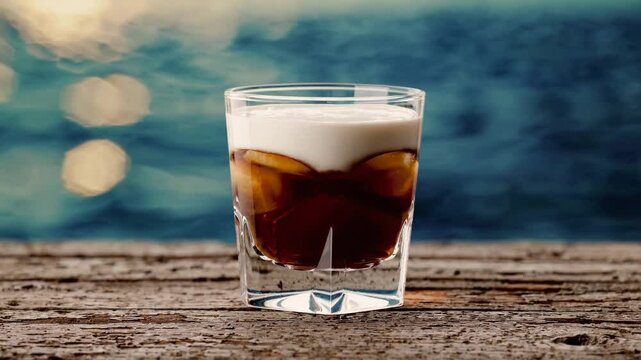 A close-up of a White Russian cocktail in a glass with ice, set on a wooden surface with a blurred ocean background.
