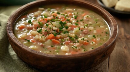 A bowl of hearty Italian minestrone soup with vegetables, pasta and herbs. A warm, healthy and delicious winter meal.