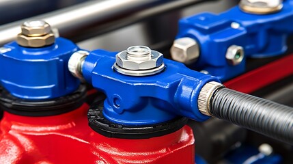 Blue and red metallic pipes with various connectors and fasteners