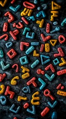 Fototapeta premium Abstract Colorful Letters and Symbols on Dark Background - Artistic Texture