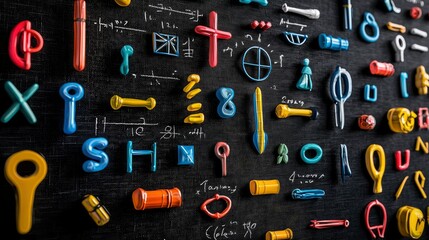 Colorful 3D Shapes and Symbols on a Blackboard with Handwritten Equations