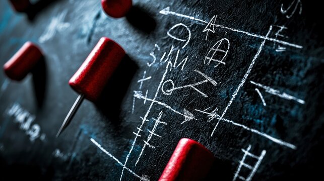 Mysterious Chalkboard with Red Push Pins and Strategic Symbols