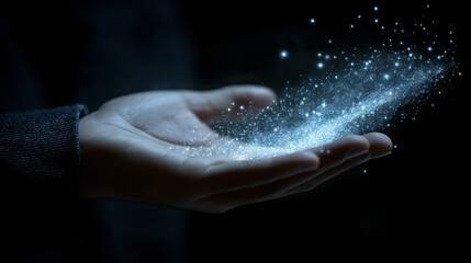 Obraz premium A hand, illuminated softly, releases a mesmerizing stream of luminous stardust into the evening air, creating a magical atmosphere