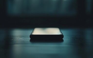 Smartphone on dark surface, dimly lit.