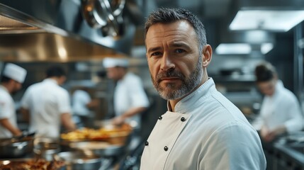 A middle-aged European chef stands confidently in a bustling kitchen, showcasing his expertise in food preparation while surrounded by fellow culinary professionals.