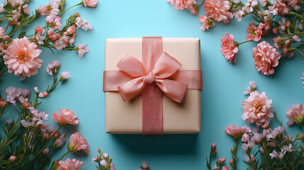 A beautifully wrapped gift sits elegantly on a calming turquoise surface, adorned with soft pink flowers. The gentle colors create an inviting and serene atmosphere, perfect for celebrations