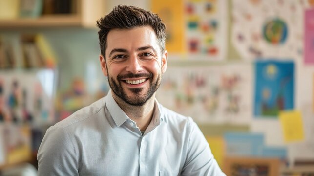 A joyful European male teacher smiles in a classroom setting, showcasing a positive learning environment. Ideal for educational themes and teacher-related content.