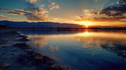 Serene beach scene at sunset with calm water reflecting colors of the sky.
