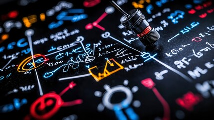 Complex Mathematical Equations and Formulas on a Blackboard with a Precision Instrument