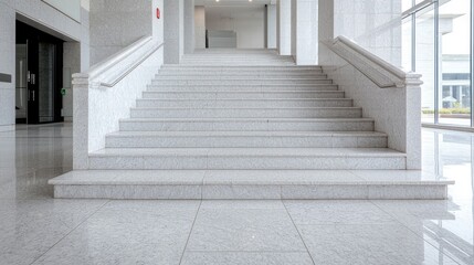 Obraz premium Marble stairs in modern building lobby, glass wall background, corporate setting