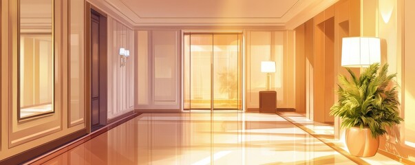 Fototapeta premium Modern luxurious hotel hallway with sunlit decor and elegant mirrors