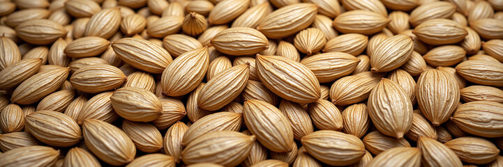 Close-up of dry striped seeds in a natural pile

