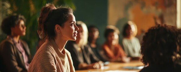Young hispanic female in team meeting with diverse group