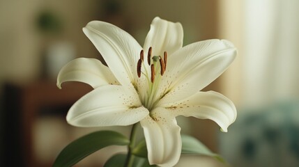 Fototapeta premium Closely framed lily flower bouquet in a vase, showcasing the delicate petals and center. Perfect for interior decoration.