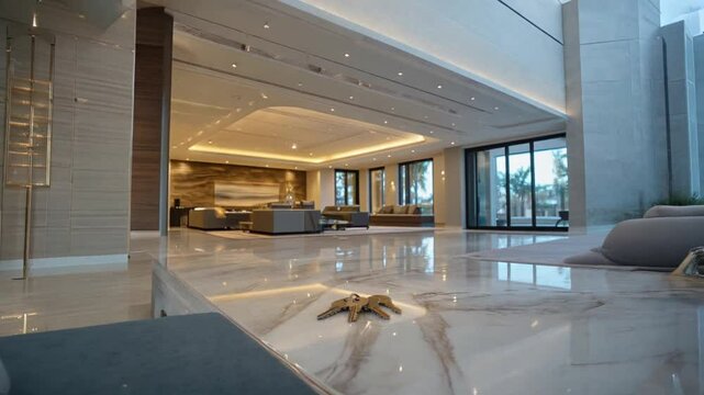 Zoom out of a white countertop with a few keys on it. The keys are arranged in a row and are shiny. Blur construction concept